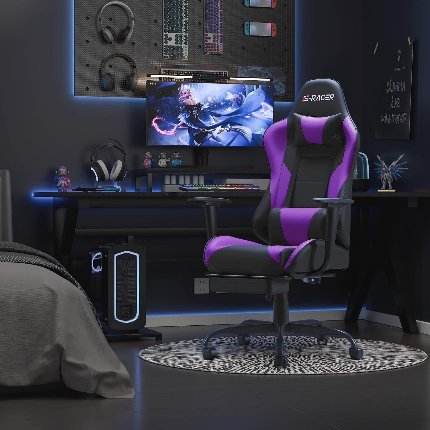 Homall Gaming Chairs, Computer Chair with Footrest and Massage Lumbar Support, Height Adjustable Game Chair with Headrest and Swivel Seat (Purple)