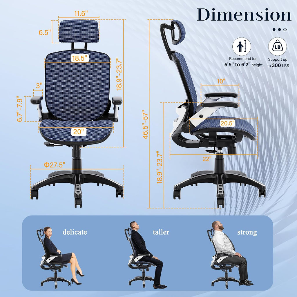 GABRYLLY Ergonomic Office Chair, High Back Mesh Desk Chair with Adjustable Headrest, Flip-Up Arms, 90-120° Tilt Lock, Lumbar Support and Comfy Seat, Swivel Computer Task Chair, Blue