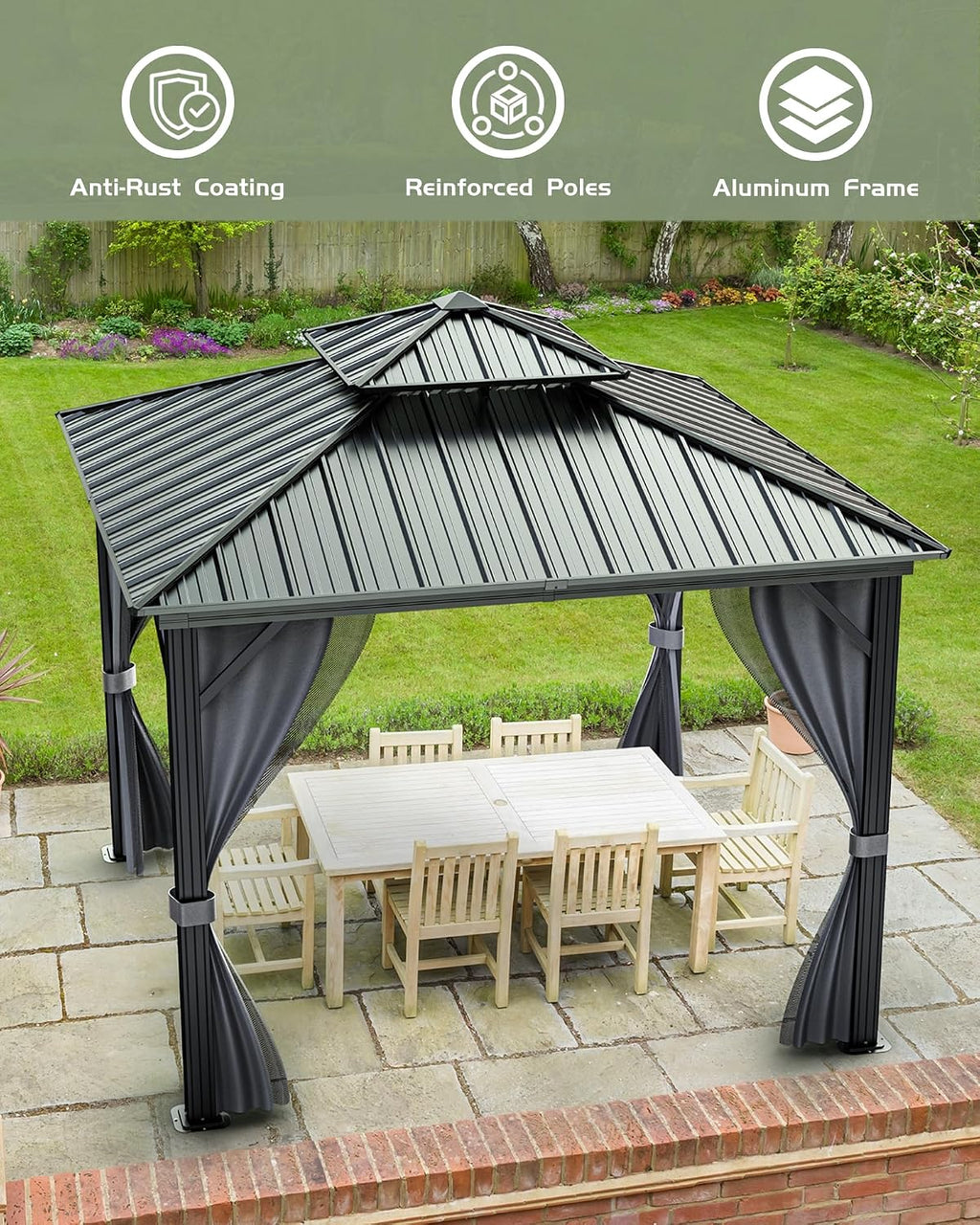 GarveeLife Outdoor Gazebo 12x12 Hardtop, Aluminum Frame Permanent Pavilion with Double Roof, Mosquito Netting & Privacy Curtains for Patio, Garden, Deck, Lawn and Backyard Parties