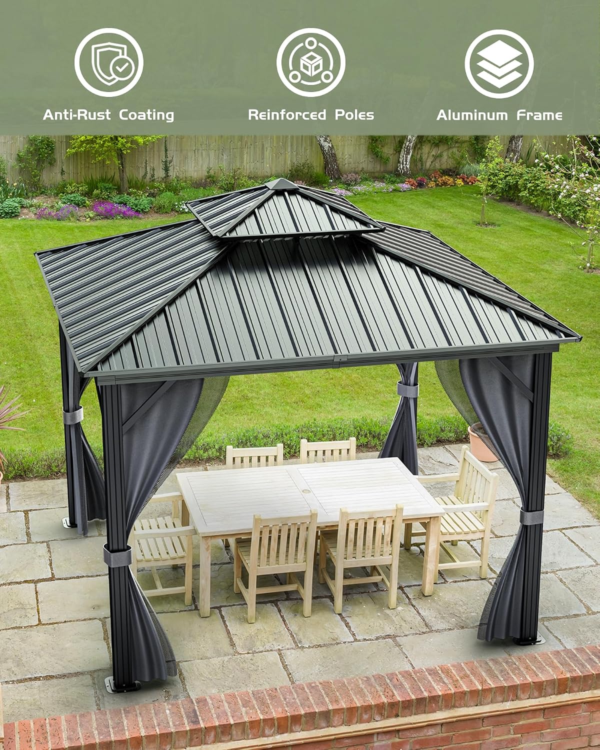 GarveeLife Outdoor Gazebo 12x12 Hardtop, Aluminum Frame Permanent Pavilion with Double Roof, Mosquito Netting & Privacy Curtains for Patio, Garden, Deck, Lawn and Backyard Parties