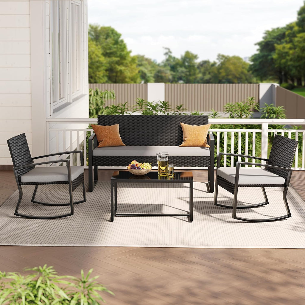 Ahomly 4 Piece Outdoor Patio Furniture Set, Wicker Patio Furniture with Glass Coffee Table, Rocking Wicker Bistro Set, for Backyard, Poolside, Porch (Grey)