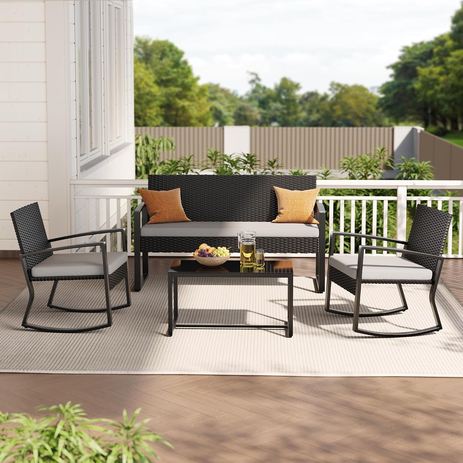 Ahomly 4 Piece Outdoor Patio Furniture Set, Wicker Patio Furniture with Glass Coffee Table, Rocking Wicker Bistro Set, for Backyard, Poolside, Porch (Grey)