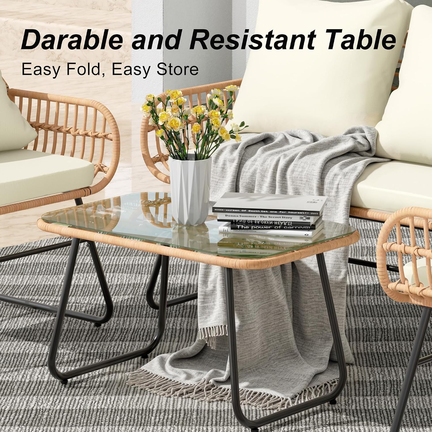 LEX CRAFT 4-Piece Outdoor Patio Furniture Set with Cushions & Tempered Glass Table, All-Weather Rattan Bistro Set with Loveseat Chairs Table Soft Cushions for Garden, Porch, Backyard (Yellow-Beige)