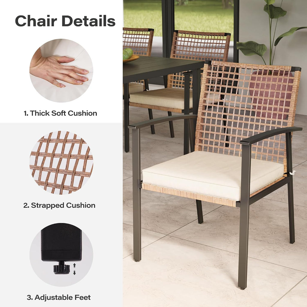 LAUSAINT HOME 7 Pieces Patio Dining Set, Outdoor Furniture Set of 6 Chairs with Soft Cushion and Iron Slats Table Top with Umbrella Hole, Conversation Set for Backyard, Garden and Poolside