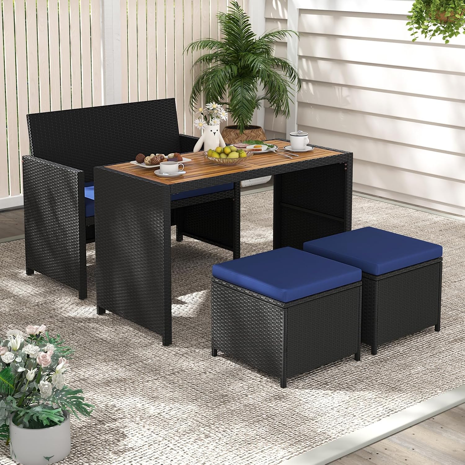 HAPPYGRILL 4 Pieces Outdoor Rattan Wicker Dining Set, Loveseat Chair & 2 Ottomans w/Wood Topped Dining Table, Space-Saving Patio Furniture Set w/Cushioned Seating for Backyard, Poolside, Garden