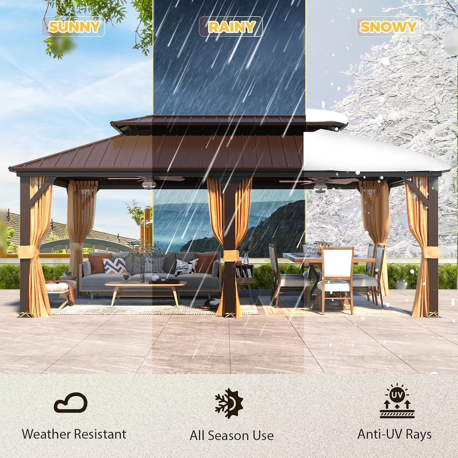 YOLENY 12' x 20' Gazebo Hardtop with Aluminum Frame,Galvanized Steel Double Roof Gazebos with Curtain and Netting,Outdoor Metal Pergolas for Garden, Lawn, Deck, Brown