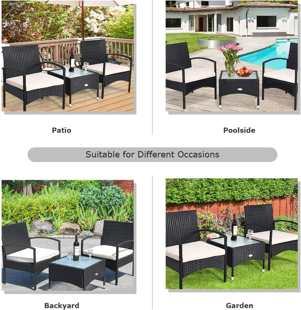 COSTWAY 3 PCS Patio Wicker Conversation Set, PE Rattan Sofa with Tempered Glass Coffee Table, 2 Chairs, 2 Cushions, Outdoor Patio Furniture Set for Yard Porch Bistro Balcony Backyard Pool, White