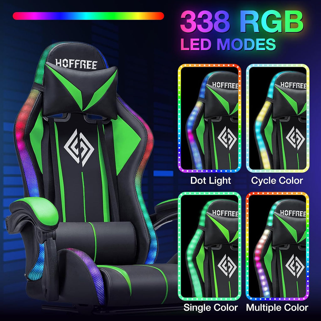 Gaming Chair Massage with Bluetooth Speakers and Lights Ergonomic Computer Game Chair with Footrest LED RGB Lights High Back Music Video Game Chair with Lumbar Support Green and Black