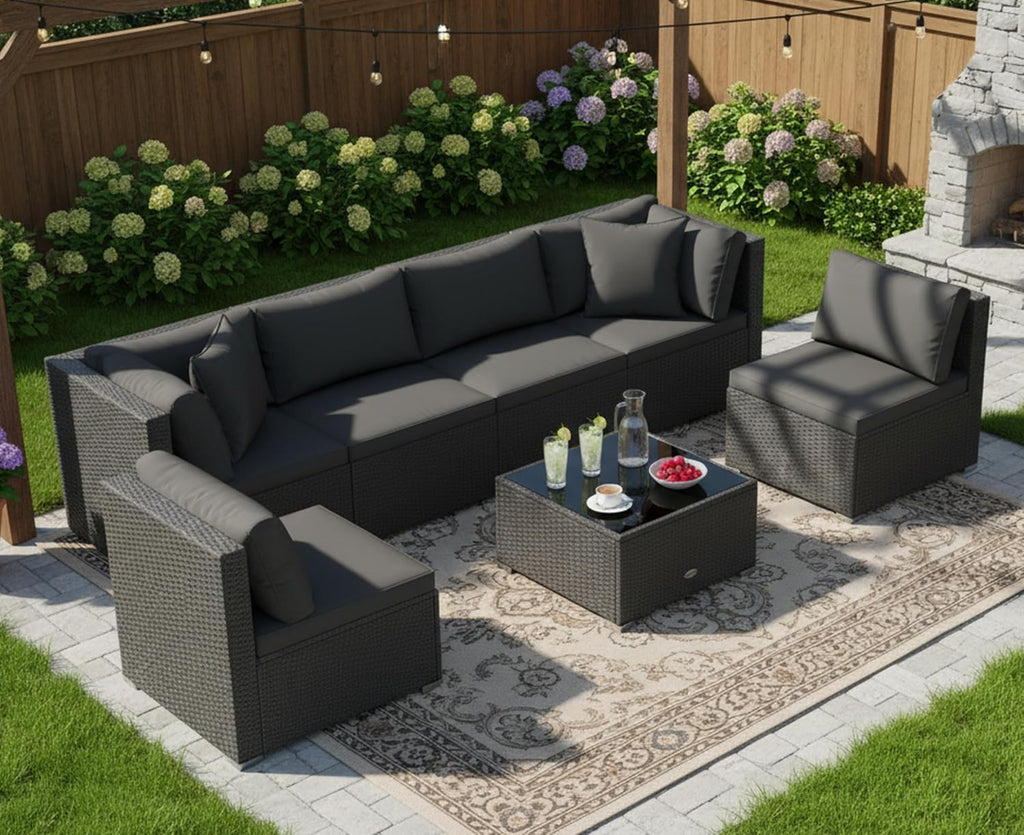Tangkula 7 Pieces Wicker Patio Furniture Set, Outdoor Sectional Rattan Sofa Set for 6 with Seat & Back Cushions, Pillows, Coffee Table, Modular Conversation Set for Backyard, Poolside, Deck & Garden