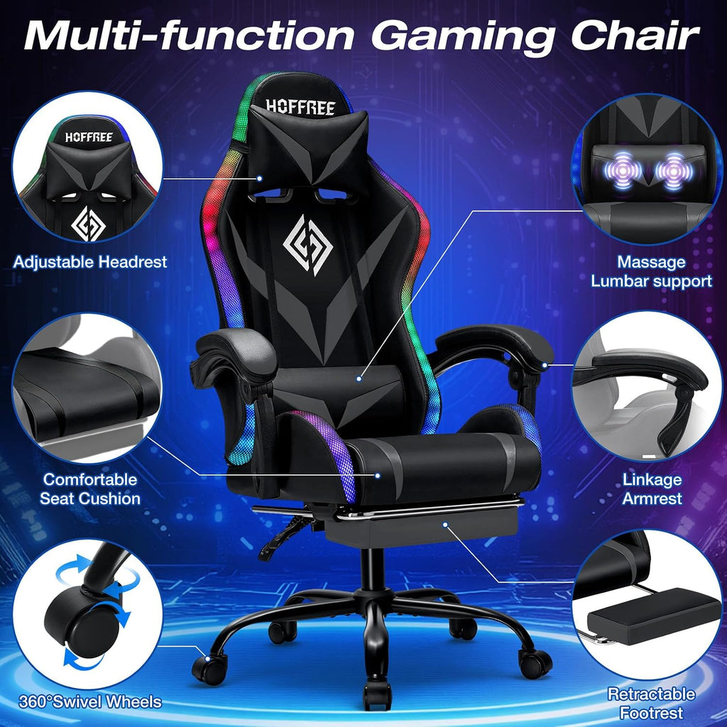 RGB Gaming Chair with Massage and LED Lights Ergonomic Video Game Chairs with Footrest High Back Reclining Computer Chair with Adjustable Lumbar Support Grey and Black