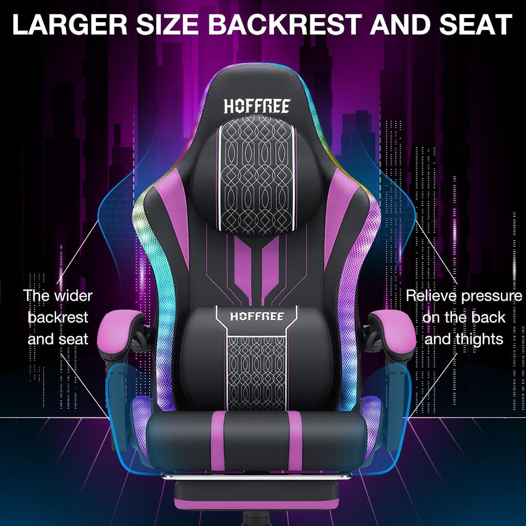 HOFFREE Led Gaming Chair Massage with Speakers Big and Tall Video Game Chair with Footrest for 400lbs Reclining High Back Computer Desk Chair Purple and Black