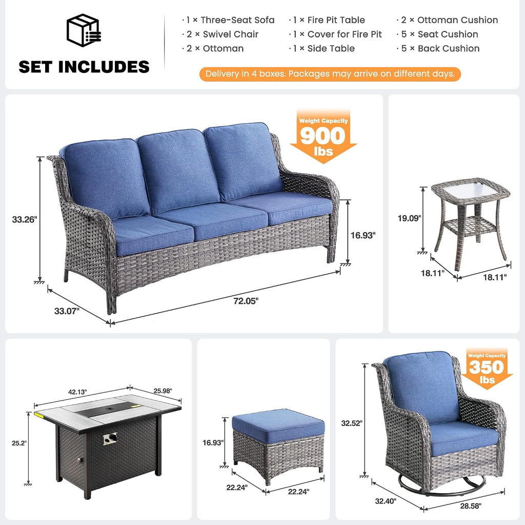 ovios 7-Piece Patio Furniture Set with Swivel Chairs Side Table, Outdoor Wicker Sofa with 42' Fire Pit Table, High Back Couch Modern Conversation Sets, Grey/Denim Blue
