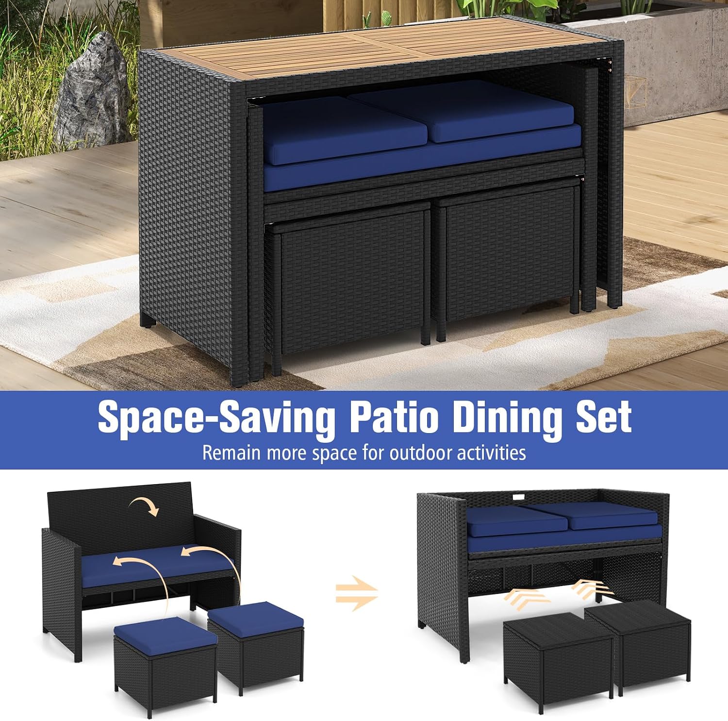 HAPPYGRILL 4 Pieces Outdoor Rattan Wicker Dining Set, Loveseat Chair & 2 Ottomans w/Wood Topped Dining Table, Space-Saving Patio Furniture Set w/Cushioned Seating for Backyard, Poolside, Garden