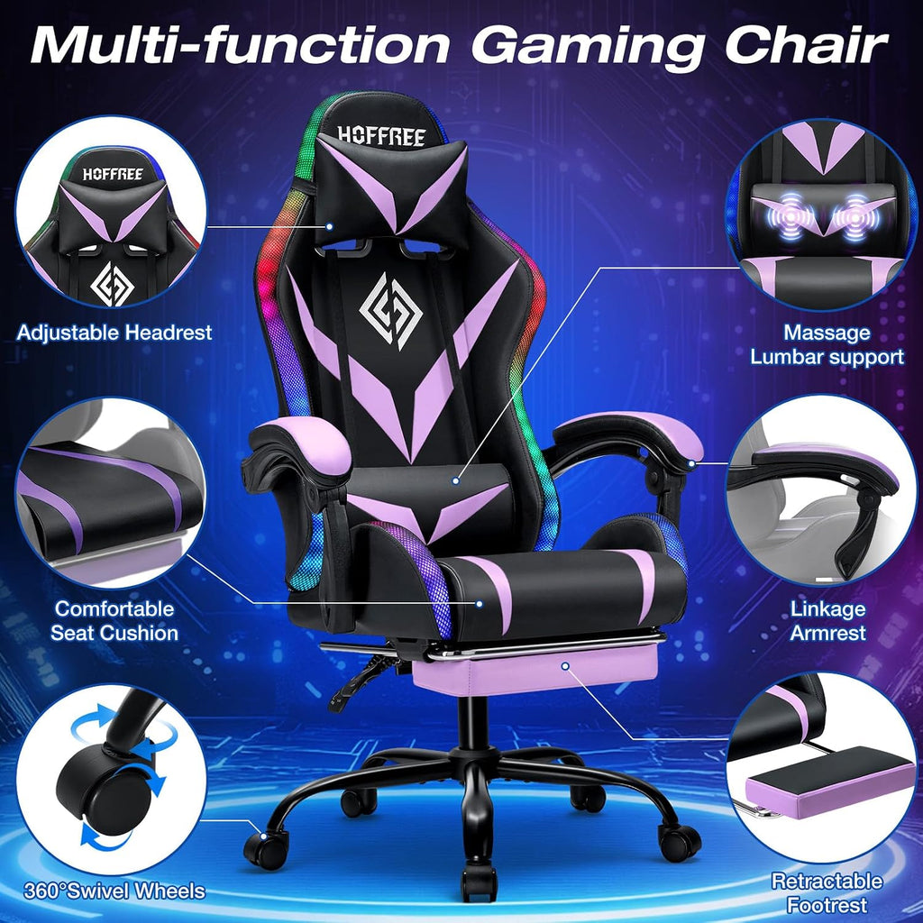 RGB Gaming Chair with Massage and LED Lights Ergonomic Computer Chair with Footrest Reclining High Back Video Game Chair for Adults with Adjustable Lumbar Support Purple and Black