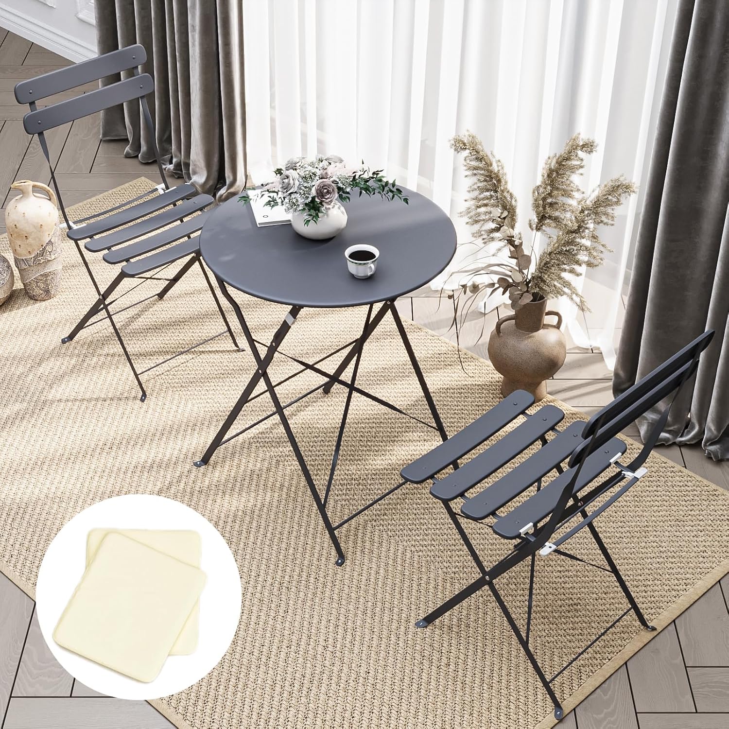 3-Piece Patio Bistro Set Outdoor Furniture Set Folding Bistro Table and Chairs with Premium Steel Frame Weather Resistant Conversation Set for Bistro Balcony Porch Yard Garden(grey with cushion)