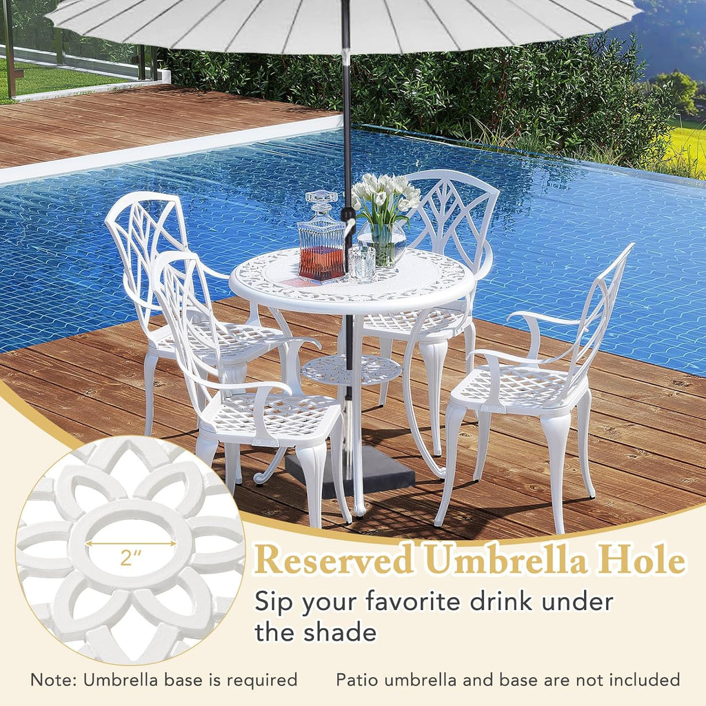 Tangkula 5 Pieces Cast Aluminum Outdoor Dining Set, Round Dining Table with 2' Umbrella Hole & 4 Armchairs, All-Weather Outdoor Furniture Set for Patio, Balcony, Garden & Backyard, White