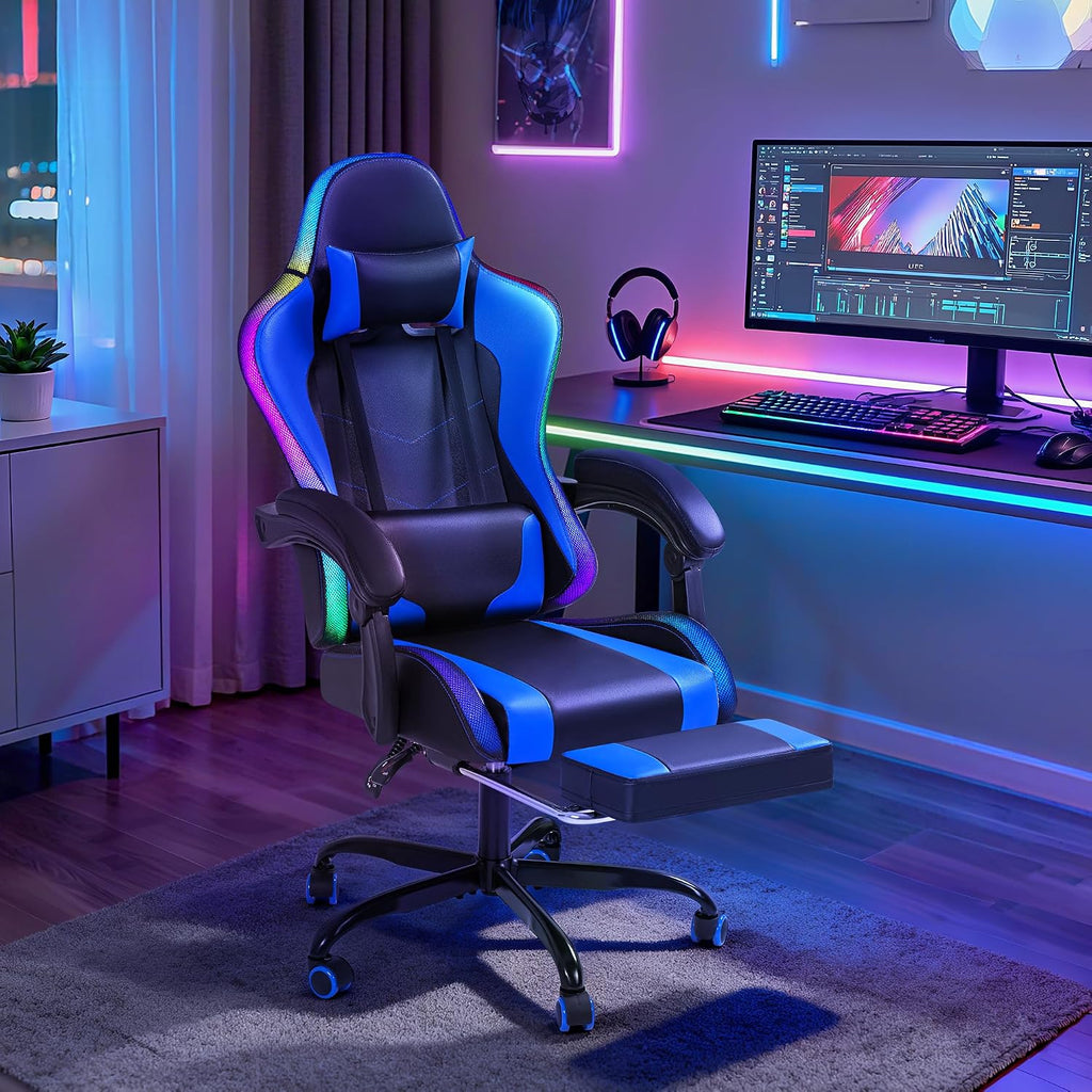 Gaming Chair with RGB, Computer Gaming Chairs with LED Lights and Footrest for Home, Office, Blue and Black