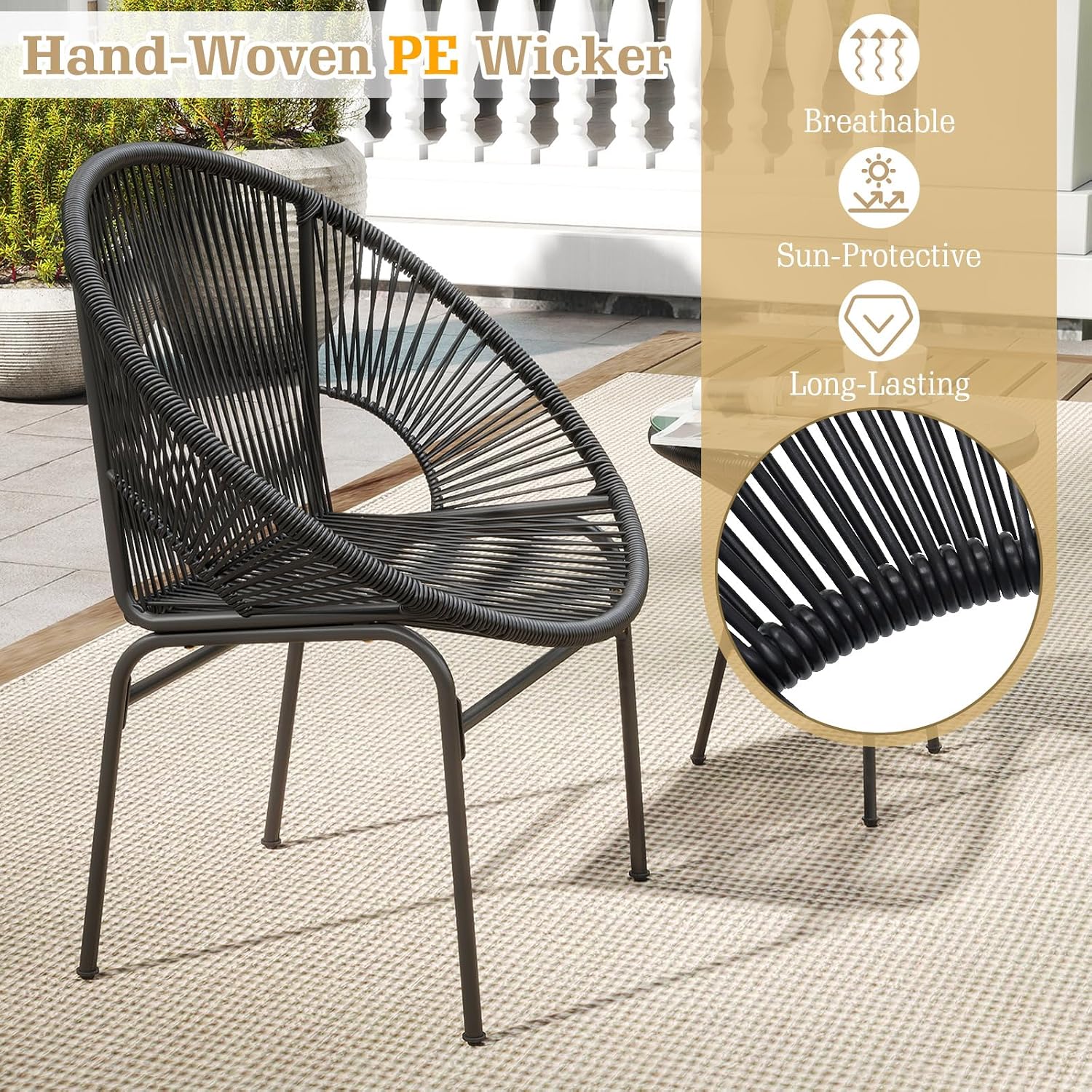Tangkula 3 Piece Outdoor Patio Furniture Set, Acapulco Chair Set w/Plastic Rope, Tempered Glass Table, All Weather Patio Bistro Set for Patio, Lawn, Garden, Backyard (Black)