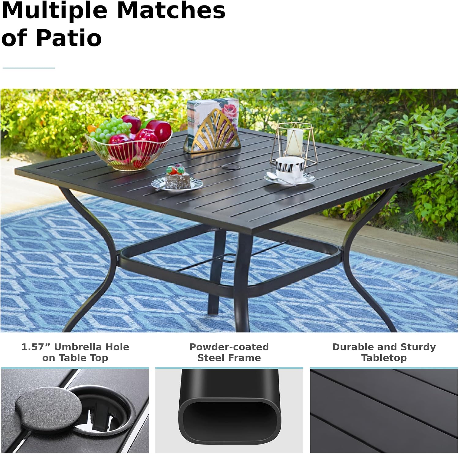 MFSTUDIO Outdoor Table and Chairs for 4, Outdoor Dining Set with Umbrella Hole, Metal Patio Furniture Set for Deck/Backyard/Poolside/Garden