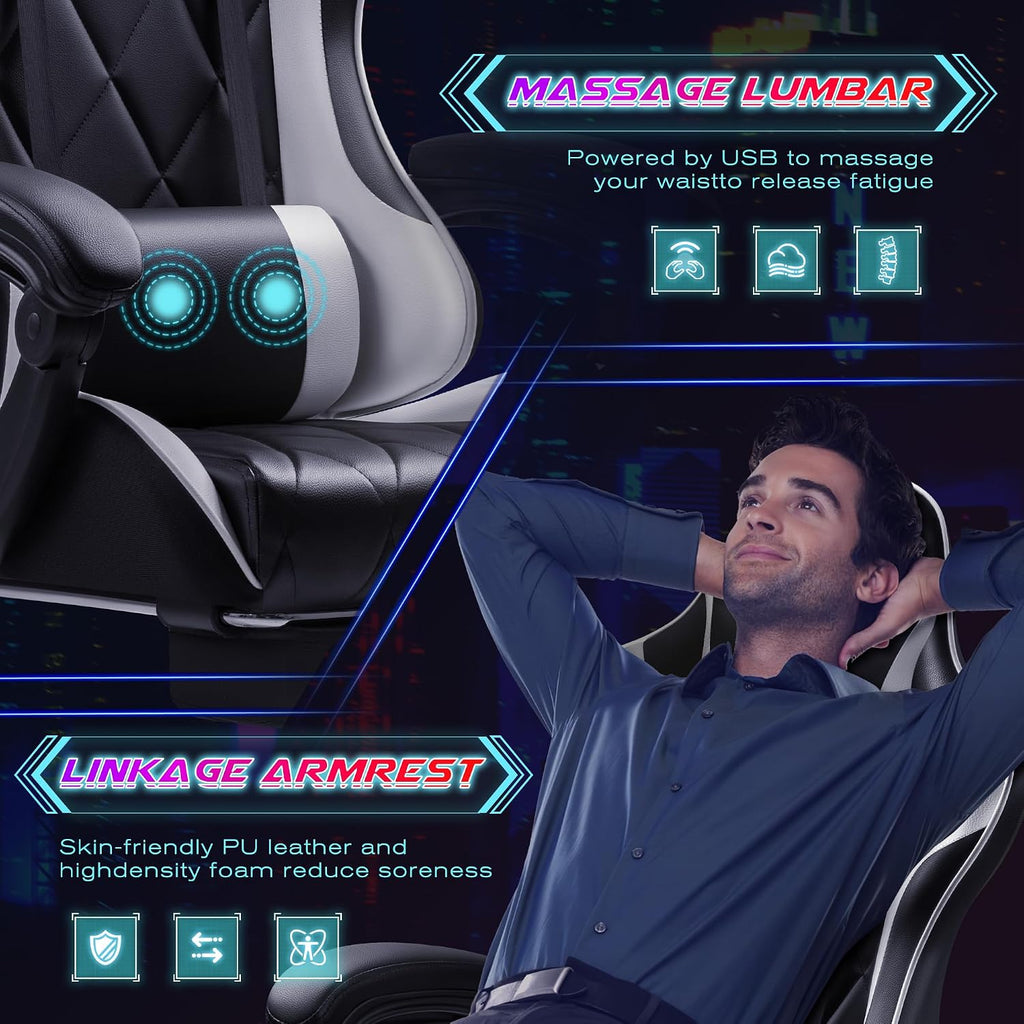 Shahoo Gaming Chair with Footrest and Massage Lumbar Support, Computer Game Chairs Ergonomic Office Seat Height Adjustable with Headrest, White