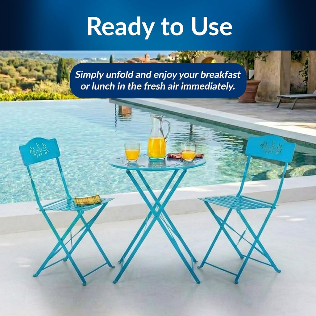 Alpine Corporation 3-Piece Bistro Set with Folding Table and 2 Chairs, Durable Steel Indoor/Outdoor Patio Furniture, Compact Seating, Blue