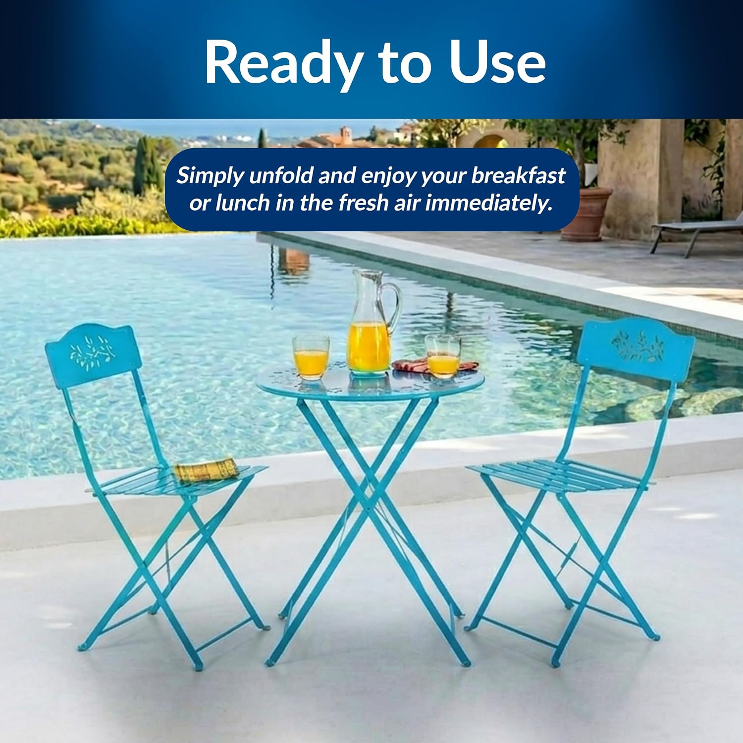 Alpine Corporation 3-Piece Bistro Set with Folding Table and 2 Chairs, Durable Steel Indoor/Outdoor Patio Furniture, Compact Seating, Blue