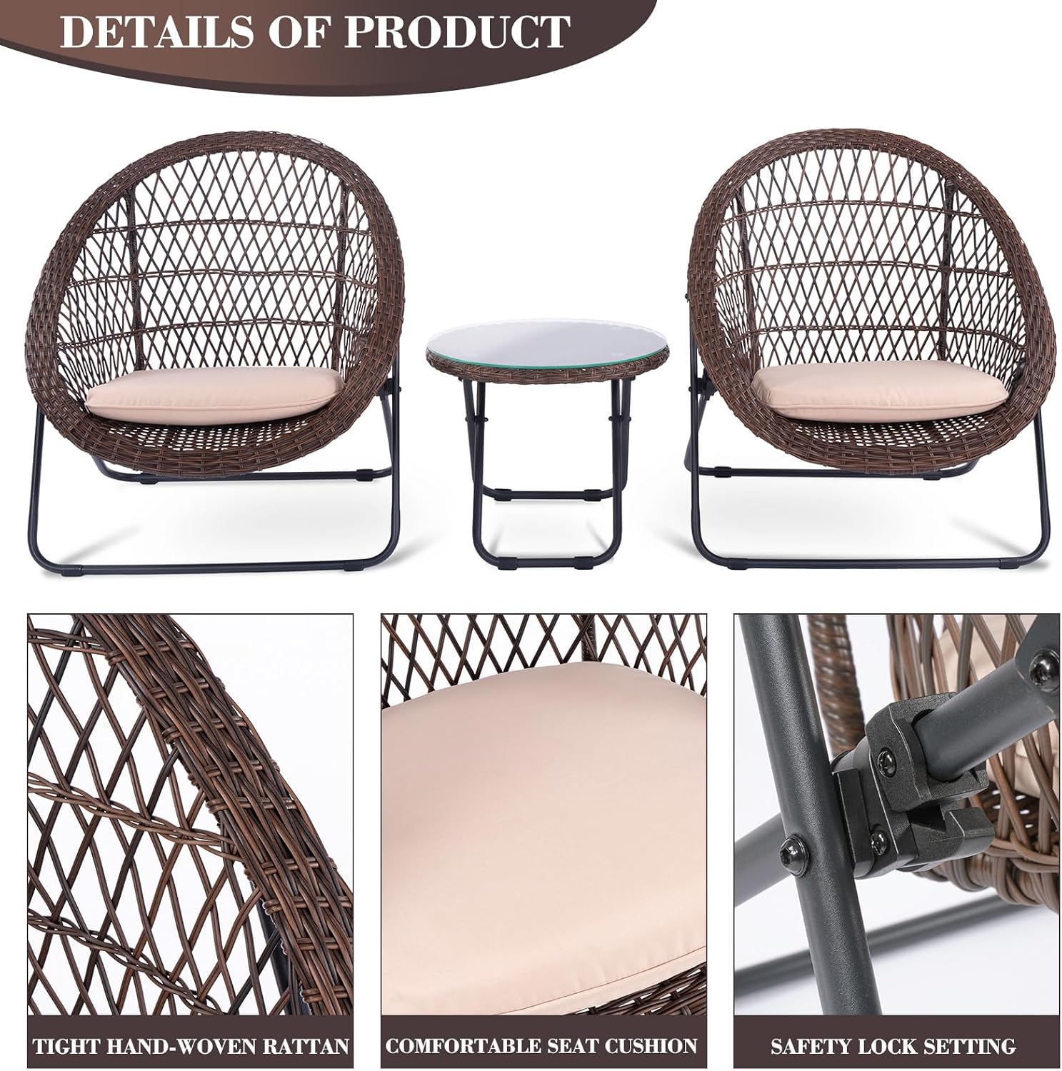 3 Piece Folding Outdoor Patio Bistro Set, Patio Furniture Sets with Table and Chairs for Garden, Backyard, Porch, Patio - Patio Conversation Set