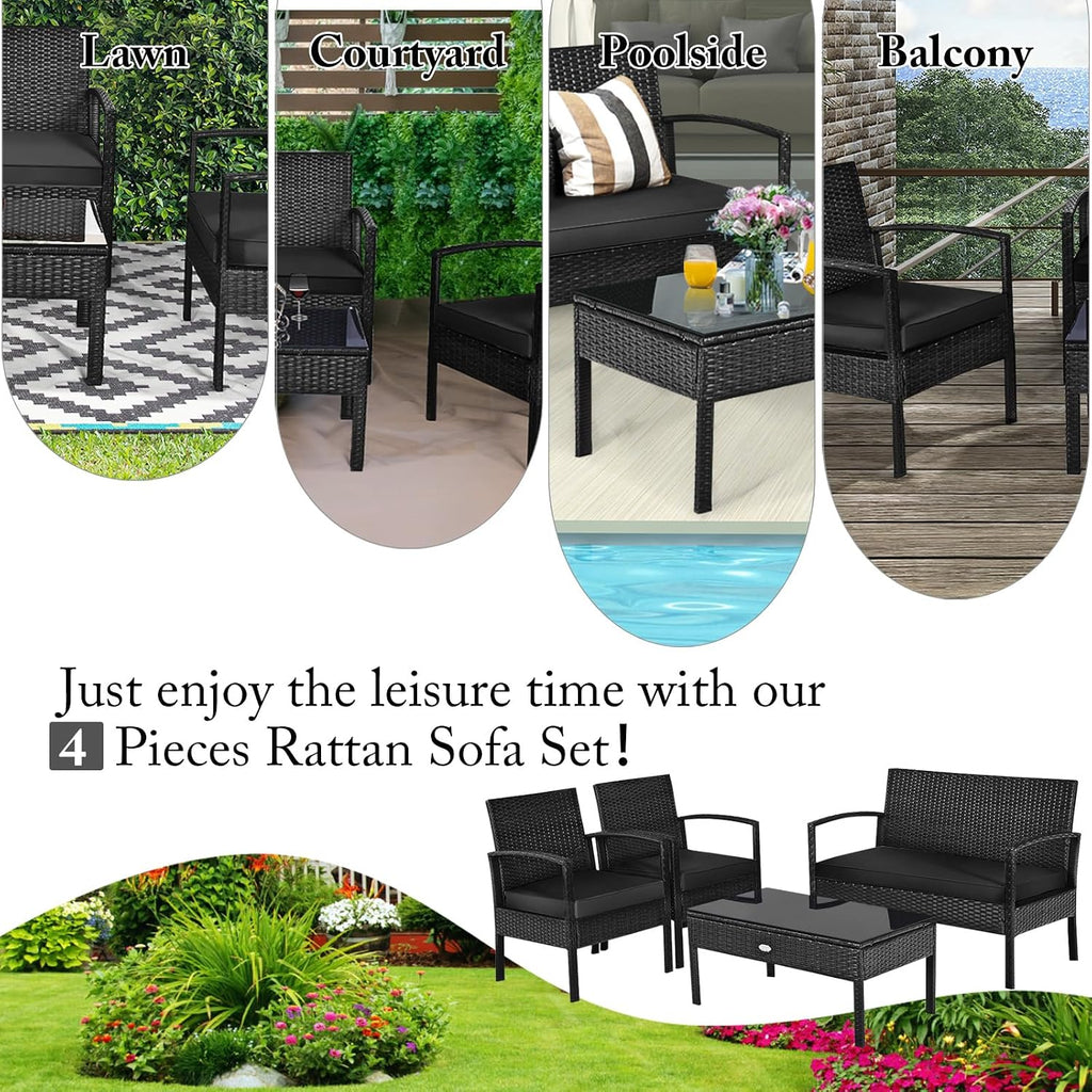 HAPPYGRILL 4-Piece Patio Conversation Set Outdoor Rattan Wicker Sofa & Coffee Table Furniture Set for Patio Garden Poolside