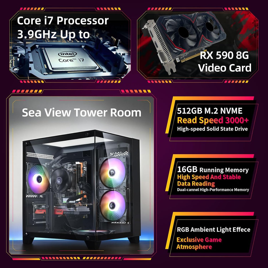Prebuilt Gaming PC Desktop Computer,Intel Core i7 Desktop,Operating at A Frequency of 3.4-3.9 GHz,RX590 Graphics Card with 8GB GDDR5 Video Memory,16GB RAM, 512G SSD,WiFi 5.0,RGB Fan x5