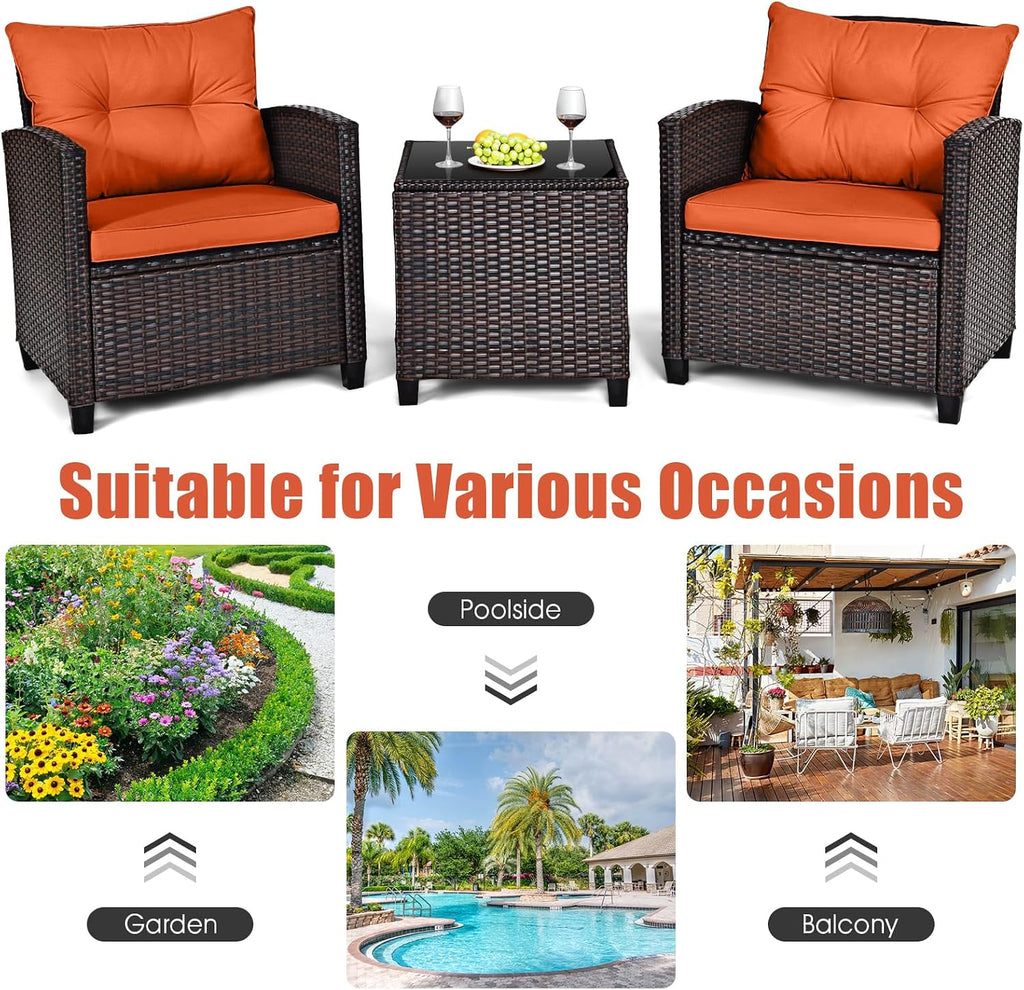 KOTEK 3 Piece Patio Furniture Set, Outdoor Conversation Set with Washable Cushions & Tempered Glass Tabletop, PE Rattan Wicker Bistro Set for Porch, Garden, Balcony (Orange)