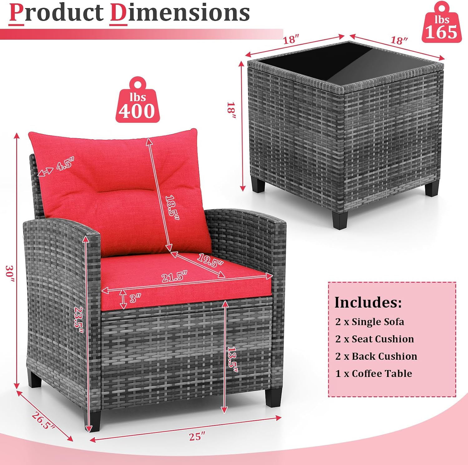 KOTEK 3 Piece Patio Furniture Set, Outdoor PE Rattan Conversation Set with Washable Cushions & Tempered Glass Tabletop, Wicker Chairs and Table Set for Porch, Garden, Balcony (Red)