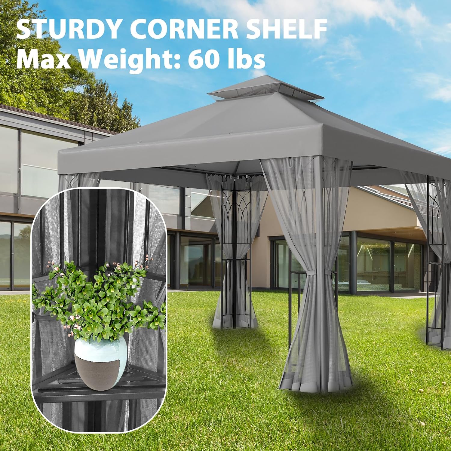 10x10 Outdoor Gazebo Tent with Netting and Corner Shelves, Double Roof Patio Gazebo with Soft Fabric Top, Outdoor Pavilion for Backyard Patio Garden Lawn, Gray