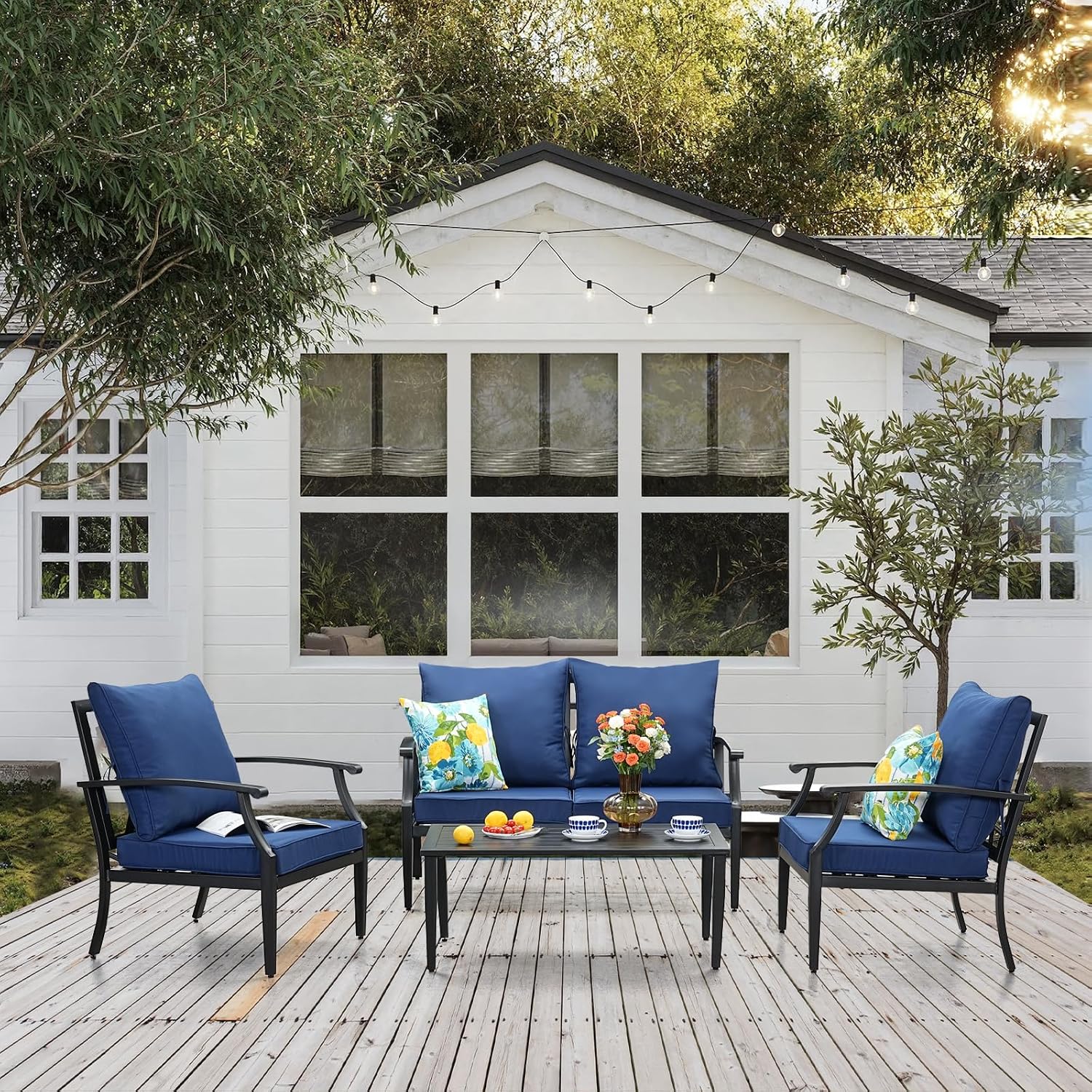 JOYURE 4 Pieces Patio Furniture Set w/loveseat,Coffe Table,Outdoor Conversation Metal Sofa with High Back and Thick Cushion,for Backyard,Garden,Navy
