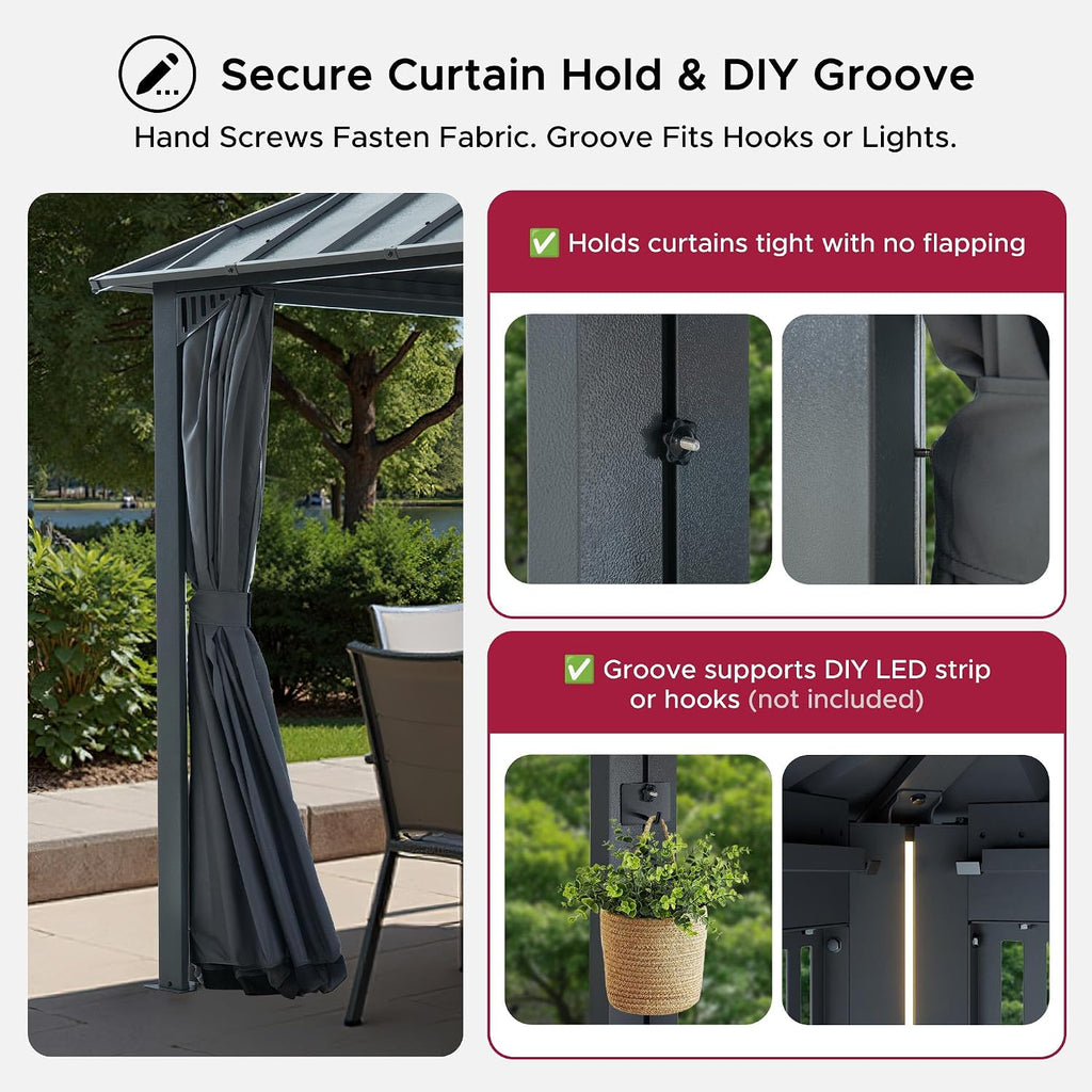 SUNJOY Kingston 12' x 10' Hardtop Gazebo with Galvanized Steel/Polycarbonate Double Roof, Curtain and Netting, Gray Aluminum Posts Permanent Pavilion Gazebo for Garden, Patio, Deck, Lawn