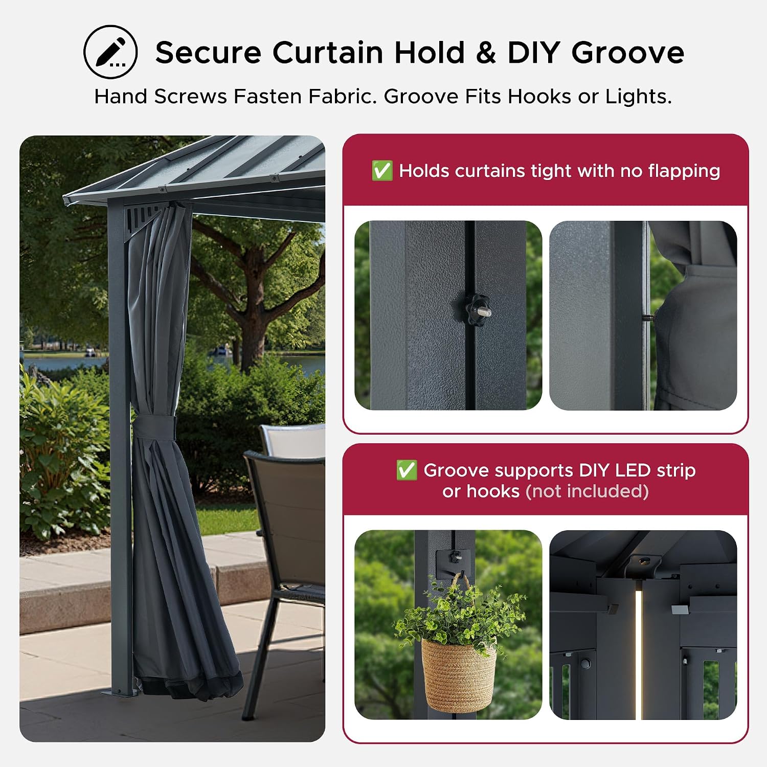 SUNJOY Kingston 12' x 10' Hardtop Gazebo with Galvanized Steel/Polycarbonate Double Roof, Curtain and Netting, Gray Aluminum Posts Permanent Pavilion Gazebo for Garden, Patio, Deck, Lawn