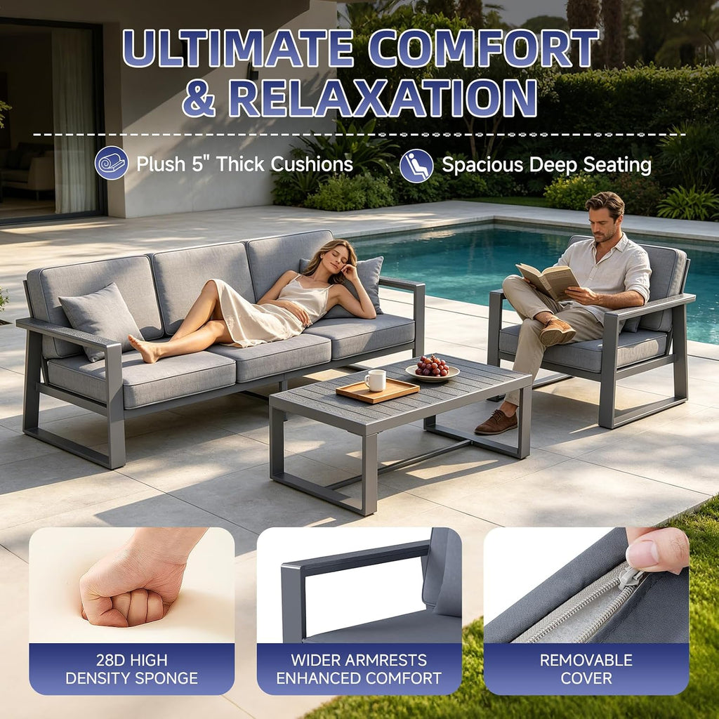 Premium Aluminum Patio Furniture Set 4 Piece,Outdoor Conversation Set with Wide Armrest,5' Thick Cushions, Olefin Fabric,Rustproof Metal Frame,Deep Seating Patio Sofa Set for Backyard,Deck,villa,Gray