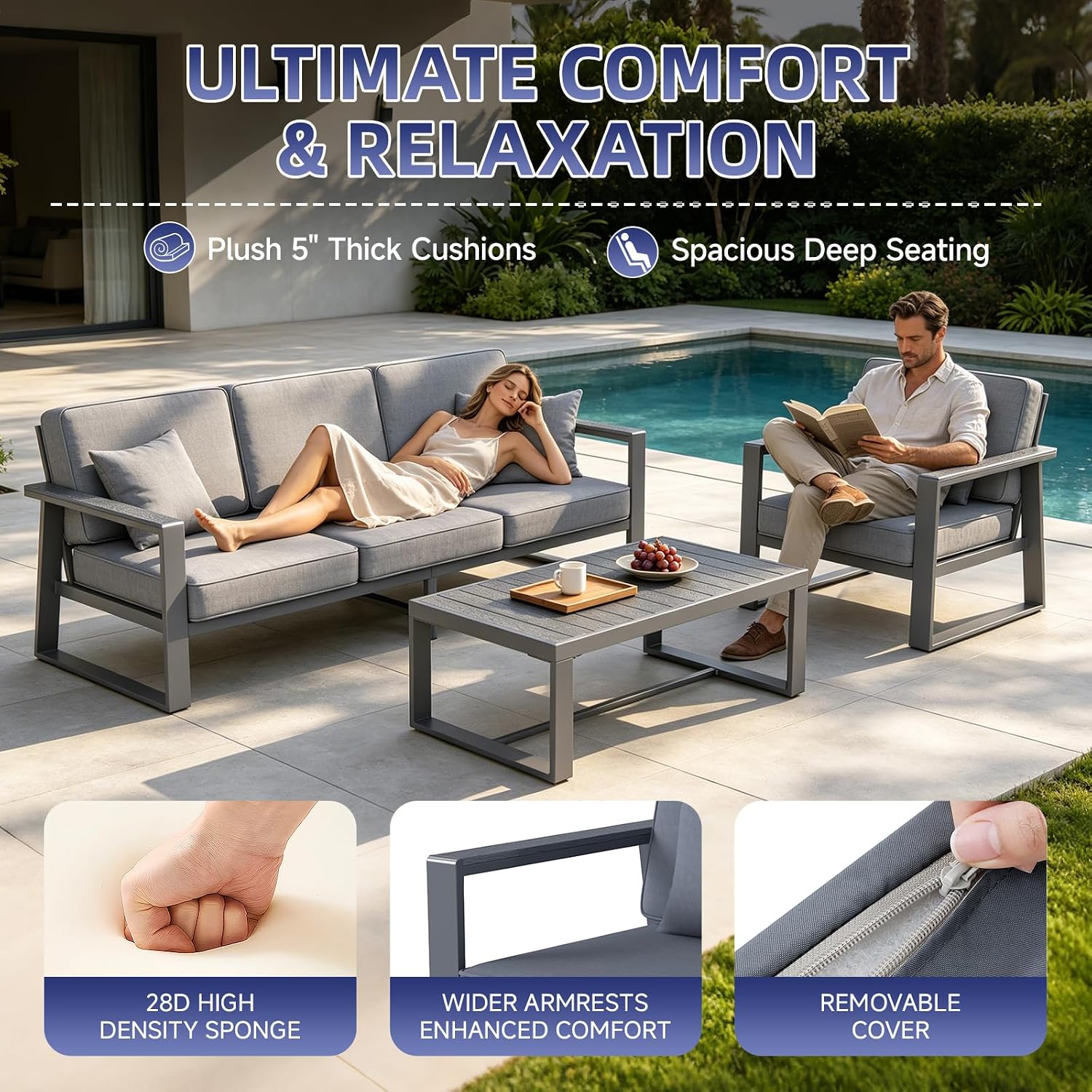 Premium Aluminum Patio Furniture Set 4 Piece,Outdoor Conversation Set with Wide Armrest,5' Thick Cushions, Olefin Fabric,Rustproof Metal Frame,Deep Seating Patio Sofa Set for Backyard,Deck,villa,Gray