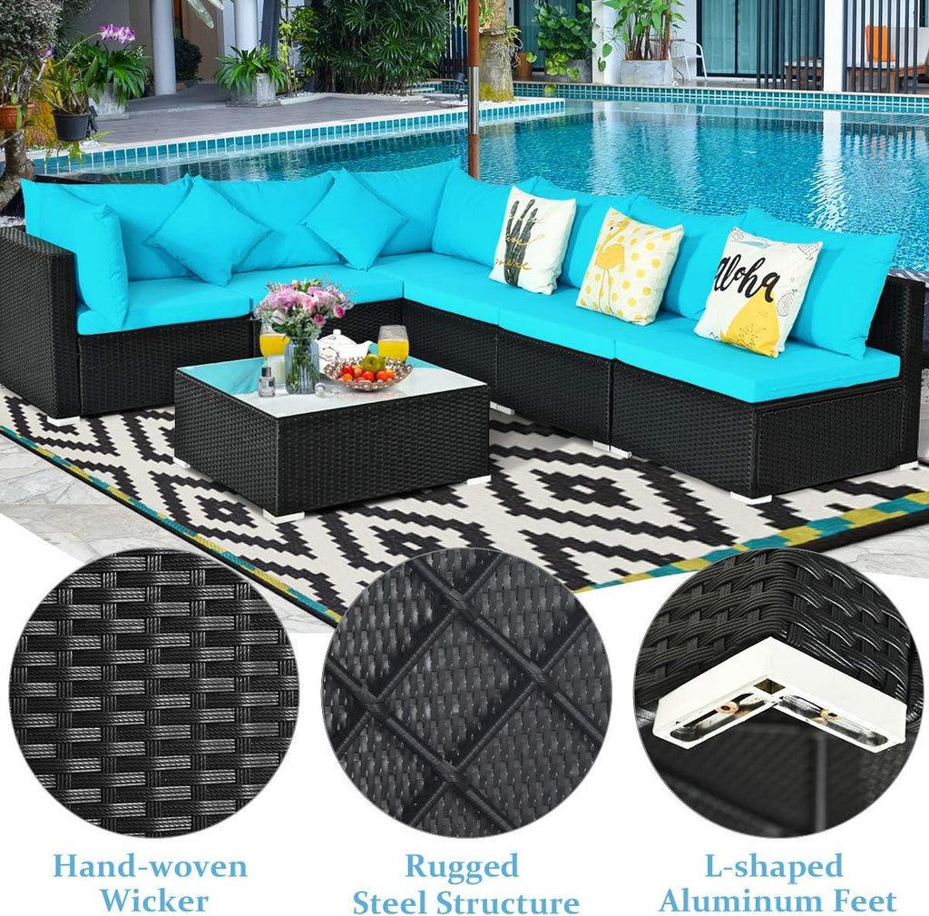 COSTWAY 7 Pieces Patio Furniture Set, Outdoor Rattan Conversation Set with 6 Seats, Coffee Tea Table, Soft Cushions, Wicker Patio Sectional Sofa for Garden Balcony Porch Poolside, Turquoise