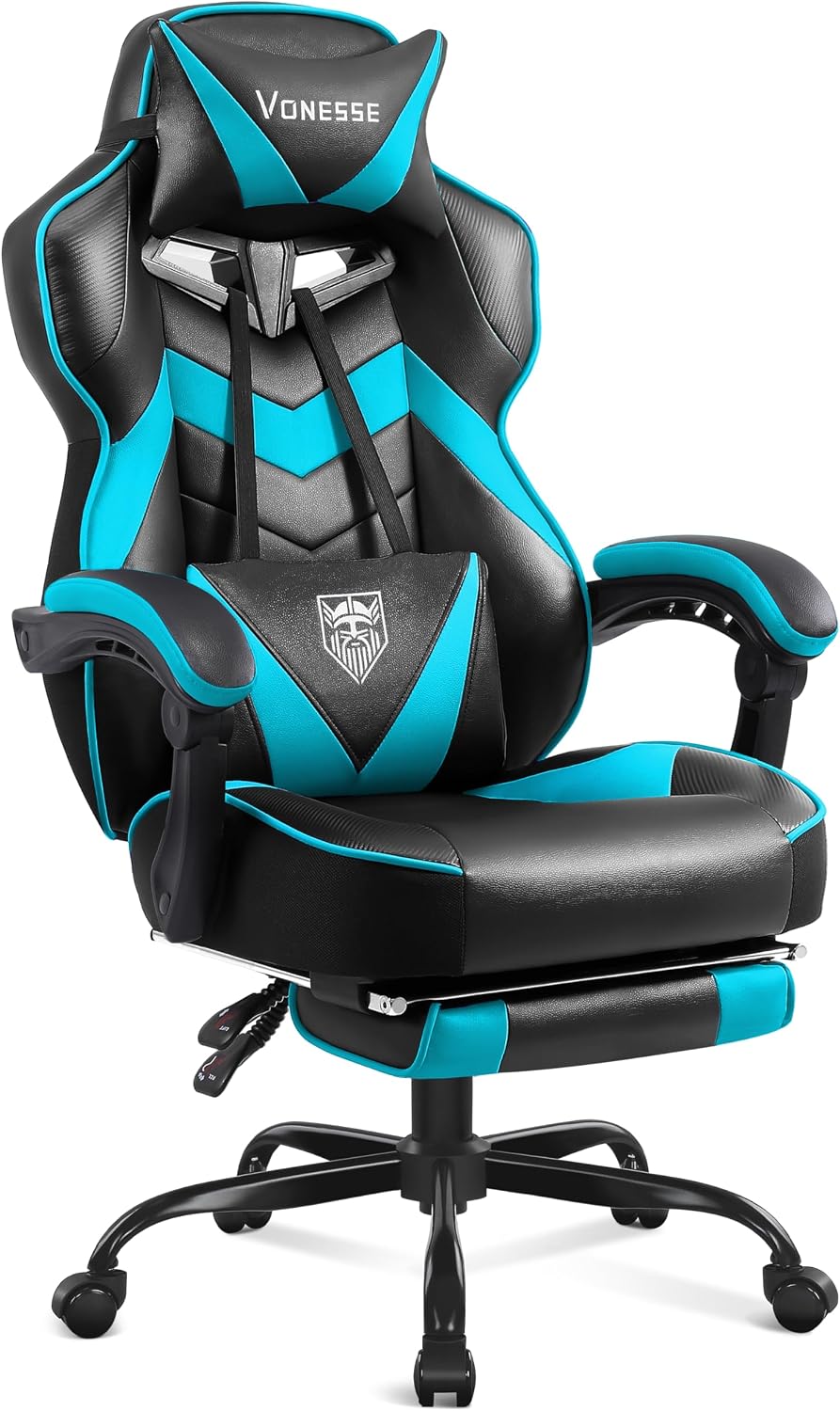 Vonesse Gaming Chair, High Back Gaming Chair with Footrest and Massage, Gaming Chairs for Adults with Pocket Spring Cushion, Big and Tall Reclining Computer Chair with Lumbar Support (Cyan/Black)