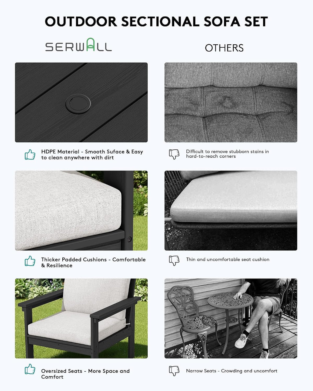 SERWALL HDPE Patio Conversation Set, 6-piece Sectional Outdoor Furniture Set, All Weather Outdoor Couch Set Patio Furniture Set for Deck, Lawn, Black Frame with Khaki Cushion