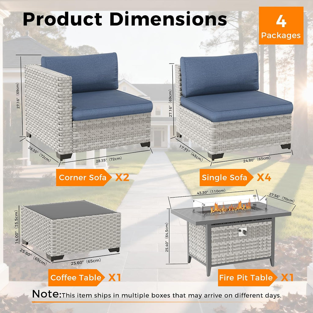 6-Seat Modern Outdoor Wicker Rattan Patio Furniture Set with 55,000 BTU Fire Pit Table, Thick 4″ Cushions, All-Weather Dual-Strand Rattan, Rust-Resistant Steel Frame,Navy