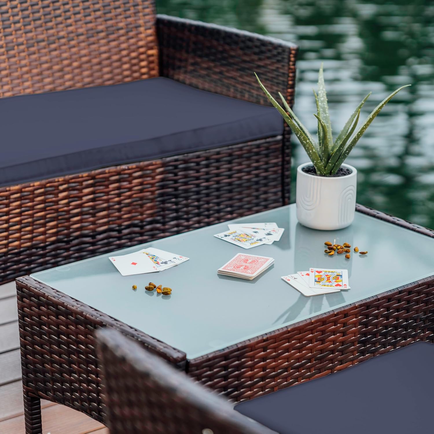 Nestl Wicker Patio Furniture Set - 4 Piece Patio Set with Patio Chairs Set of 2, Loveseat, Glass Top Coffee Table, Outdoor Furniture Sets for Backyard or Pool, Front Porch Furniture Set
