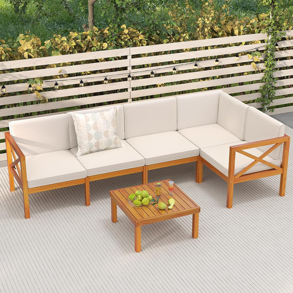 Tangkula 6 Pieces Acacia Wood Patio Furniture Set, Outdoor Sectional Conversation Set with Cushions and Coffee Table, L Shaped Corner Sofa Set for Garden, Porch, Poolside and Backyard (Off White)