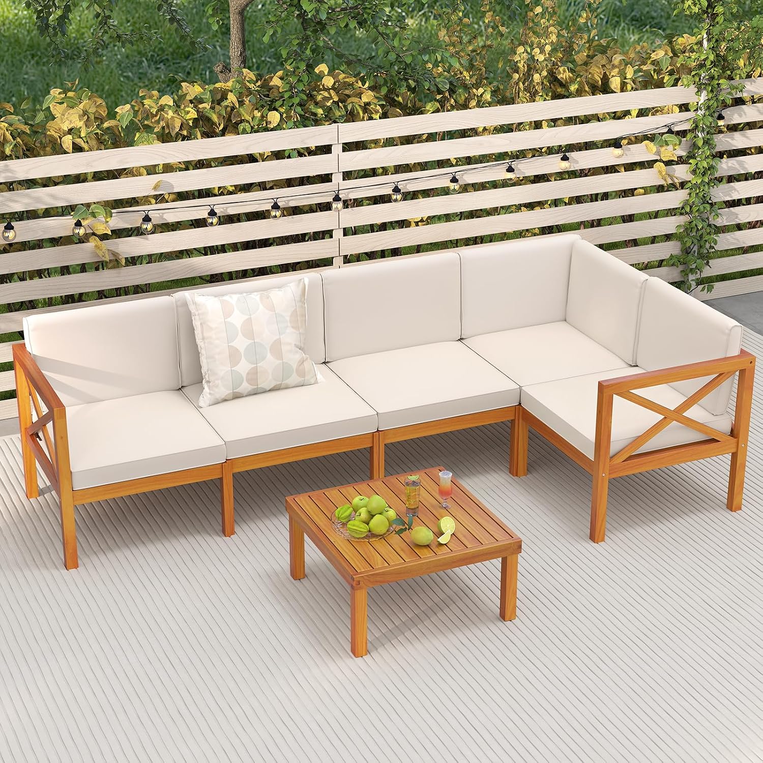Tangkula 6 Pieces Acacia Wood Patio Furniture Set, Outdoor Sectional Conversation Set with Cushions and Coffee Table, L Shaped Corner Sofa Set for Garden, Porch, Poolside and Backyard (Off White)