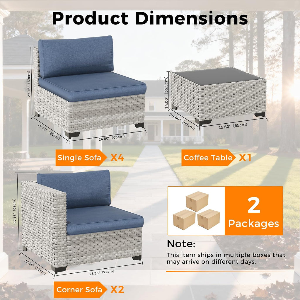 6-Seat Modular Patio Furniture Set – Outdoor Wicker Sectional Sofa with Thick 4″ Cushions, Dual-Strand PE Rattan, Rust-Resistant 18 mm Steel Frame, Backyard Garden Deck Lounge,Navy