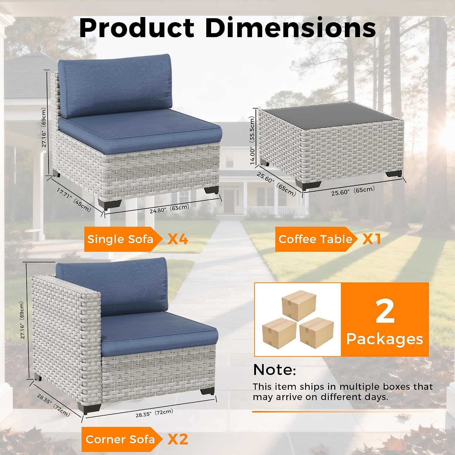 6-Seat Modular Patio Furniture Set – Outdoor Wicker Sectional Sofa with Thick 4″ Cushions, Dual-Strand PE Rattan, Rust-Resistant 18 mm Steel Frame, Backyard Garden Deck Lounge,Navy