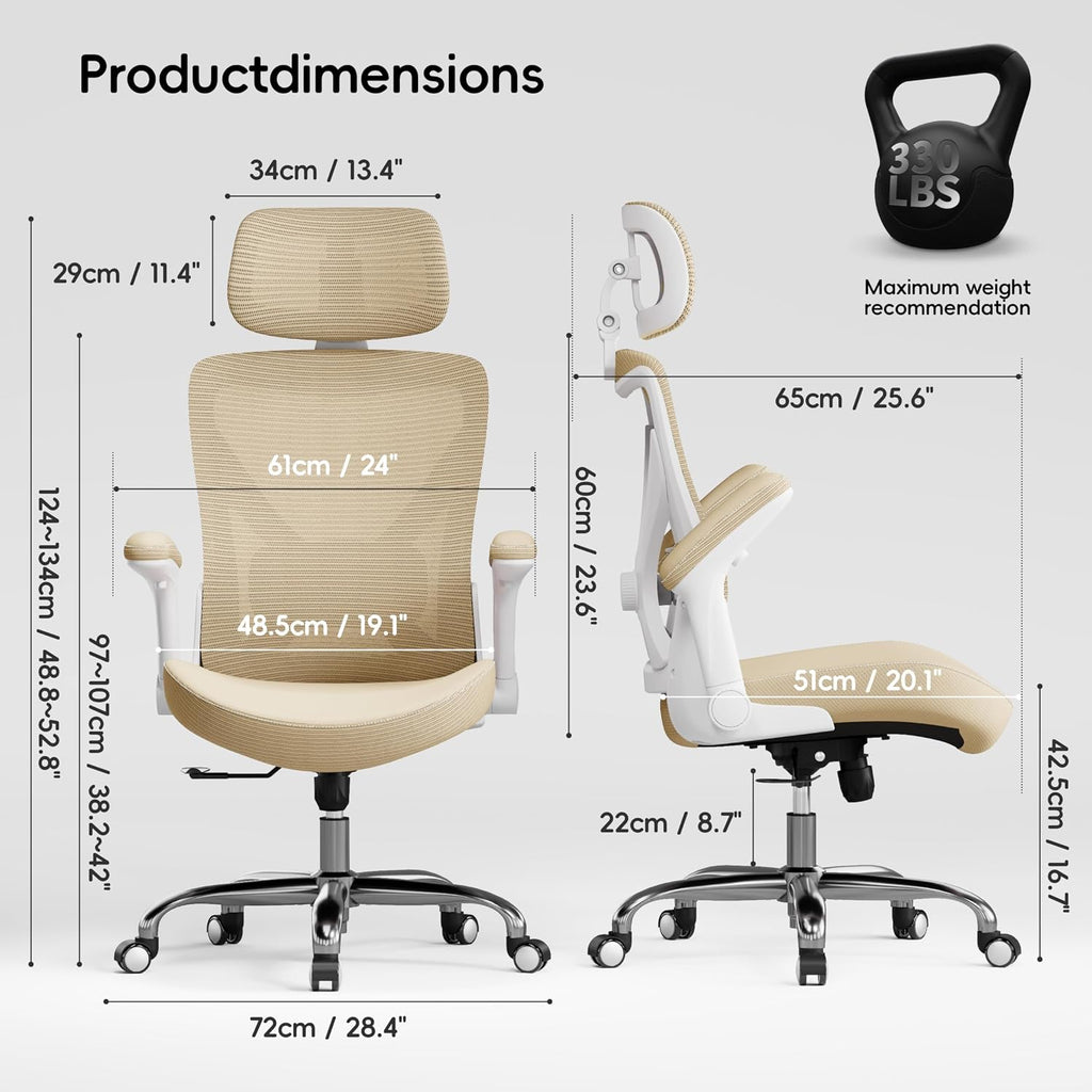 Ergalithic Office Home Ergonomic Desk Chair-Computer X-Shaped Chair Mesh PU Leather with Adjustable Lumbar Support-Executive Chair High Back with Headrest Flip-Up Arms for Long Hours (Khaki)