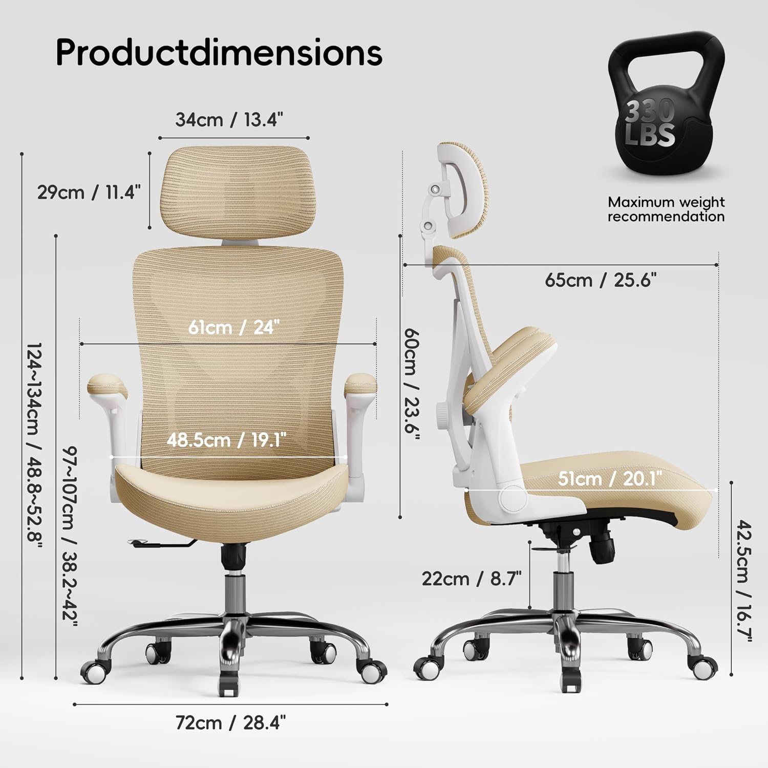 Ergalithic Office Home Ergonomic Desk Chair-Computer X-Shaped Chair Mesh PU Leather with Adjustable Lumbar Support-Executive Chair High Back with Headrest Flip-Up Arms for Long Hours (Khaki)