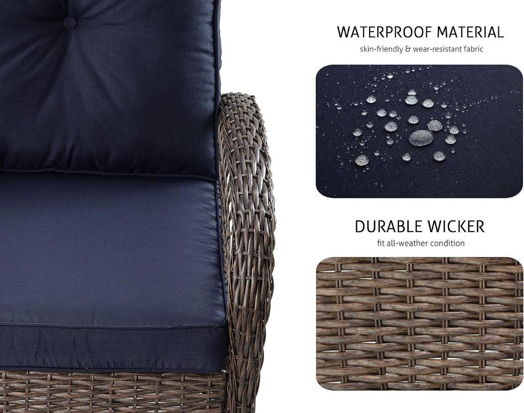 SHA CERLIN 3 Pieces Patio Furniture Set, Outdoor Swivel Glider Rocker, Wicker Patio Bistro Set with Rocking Chair, Cushions and Table (Blue)