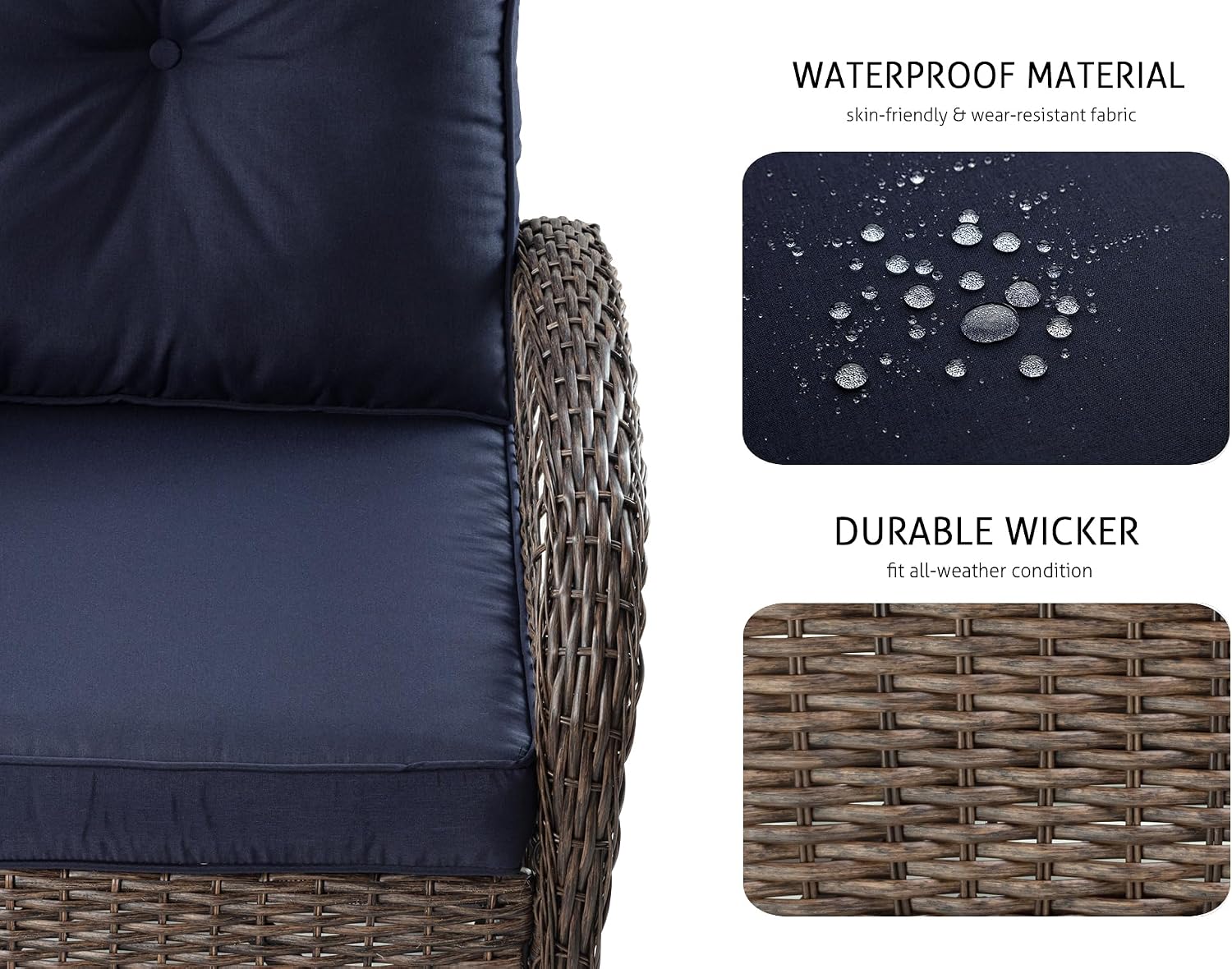 SHA CERLIN 3 Pieces Patio Furniture Set, Outdoor Swivel Glider Rocker, Wicker Patio Bistro Set with Rocking Chair, Cushions and Table (Blue)